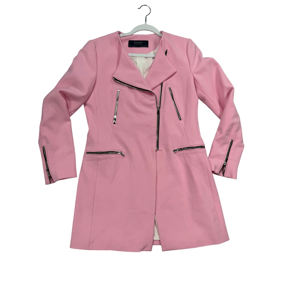 Zara Moto Coat Women Med Pink Excellent Asymmetric Zip Long Biker Jacket